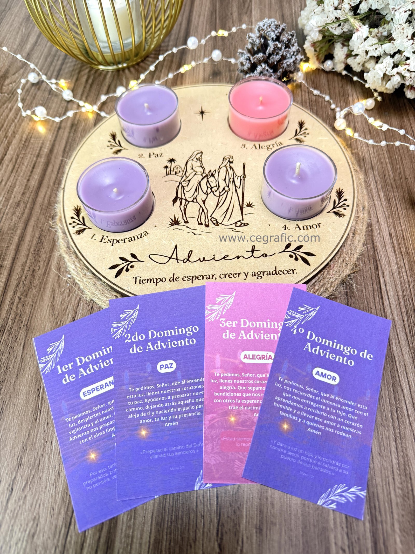 Kit de Adviento: 4 velitas y base en madera.